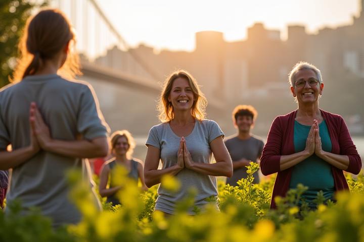 Diverse group of adults participating in an outdoor community wellness event in a Pittsburgh park