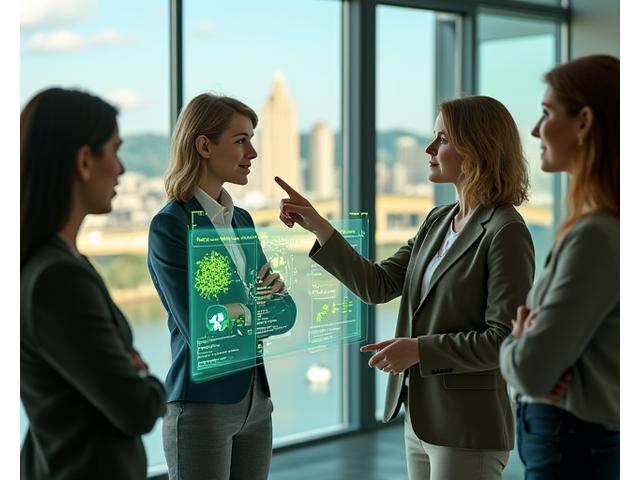Team of NaturaVerdivale Pulse experts collaborating on a digital health platform with a Pittsburgh skyline in the background