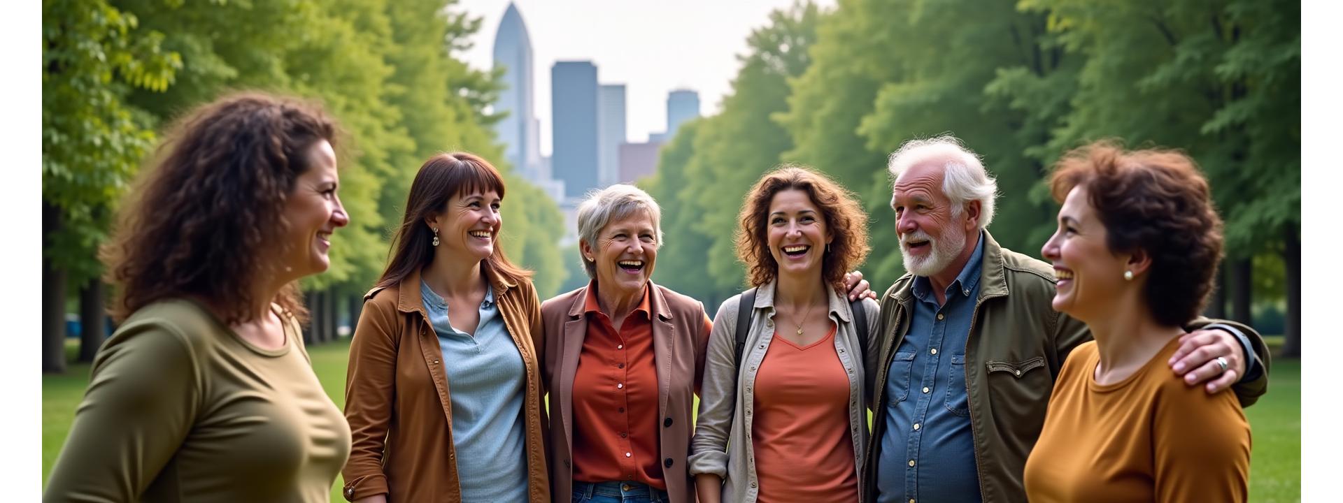 Diverse group of adults in Pittsburgh connecting in a vibrant, natural setting, symbolizing community wellness and support.