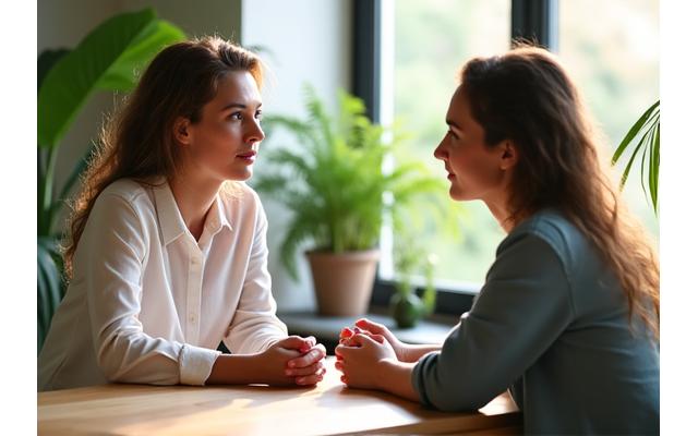 A serene consultation session with a wellness coach discussing plans with a client.