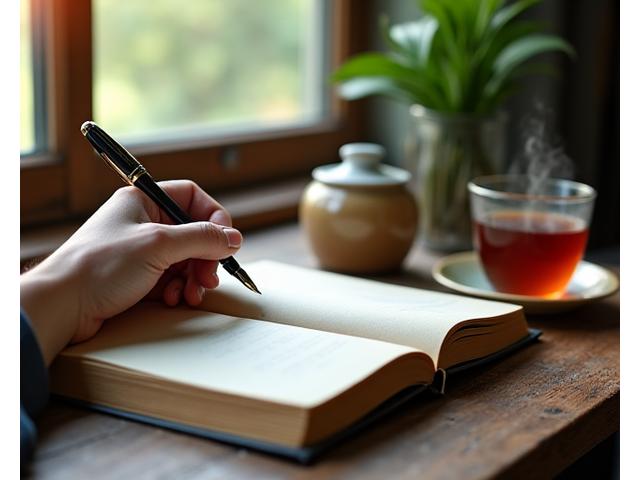 A person journaling with a cup of herbal tea, promoting mental clarity and wellness.