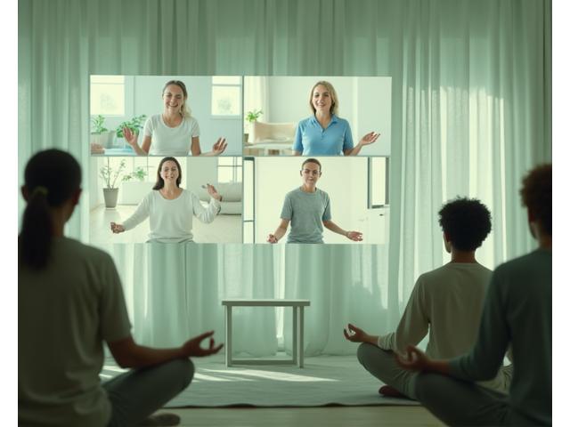 A diverse group of adults participating in a virtual yoga class, illustrating community and online fitness.