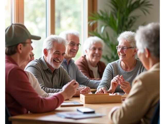 Diverse group of active, smiling seniors engaging in a lively group discussion in a comfortable, bright community center.