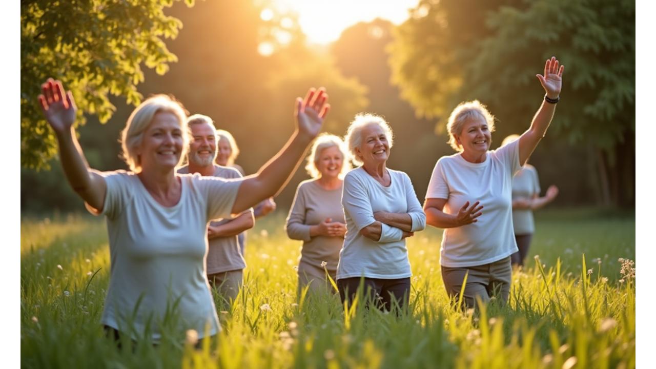 Joyful diverse group of seniors engaged in a vibrant outdoor yoga class, surrounded by lush green nature, embodying vitality and shared purpose.