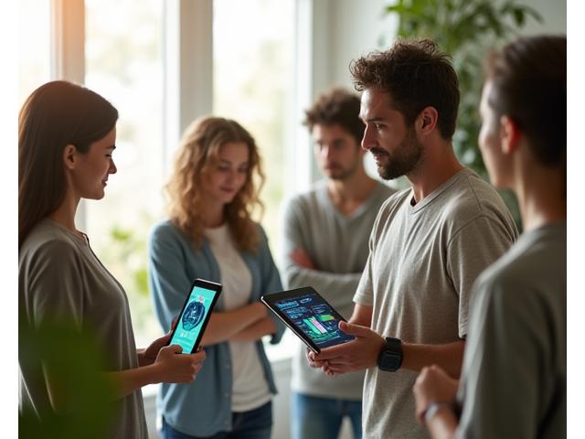 Diverse adults engaging with personalized wellness technology on various devices