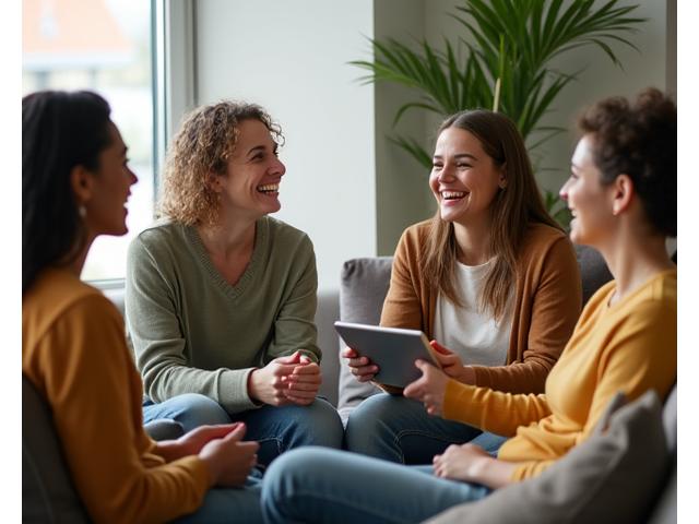 Diverse group of adults interacting in a supportive community setting