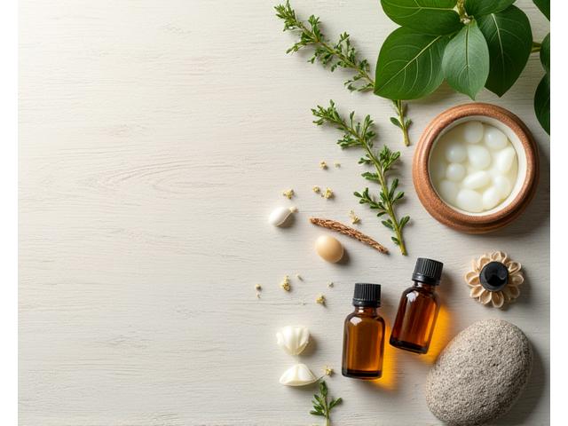 Assortment of natural wellness products like essential oils and supplements