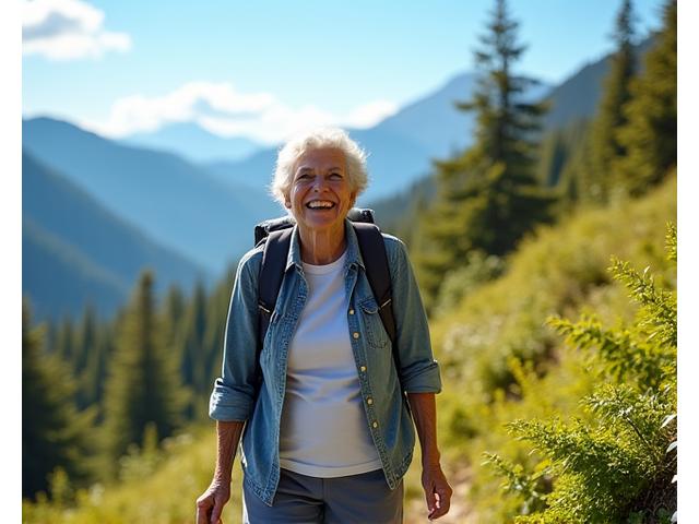 Vibrant, active older adult hiking, symbolizing healthy aging