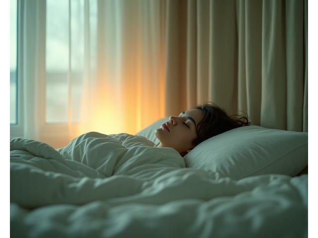 Person sleeping peacefully, surrounded by subtle technology references