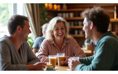 Group of diverse friends laughing in a coffee shop, depicting social wellness