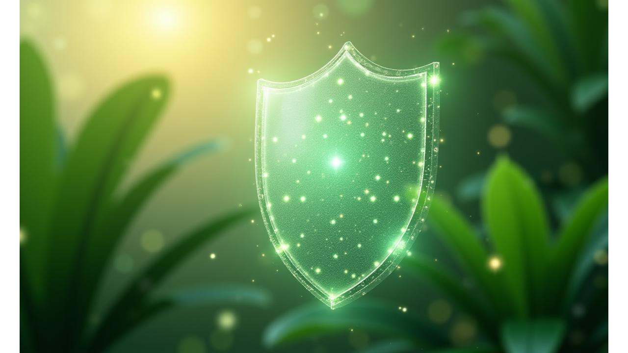Abstract illustration of data privacy and security, with glowing data streams within a protective shield, set against a NaturaVerdivale, natural backdrop.