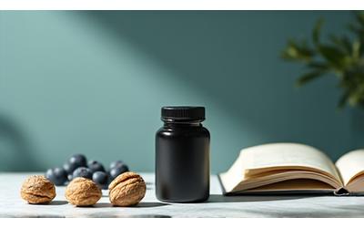 Nootropic supplements and brain-boosting foods like walnuts and blueberries, on a clean desk.