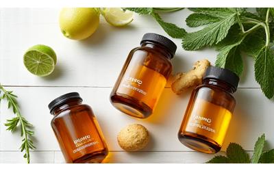 Probiotic capsules and digestive enzymes in amber glass bottles, surrounded by fresh ginger and mint.