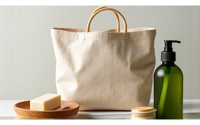Assortment of eco-friendly personal care products like bamboo toothbrushes, solid shampoo, and reusable bags.