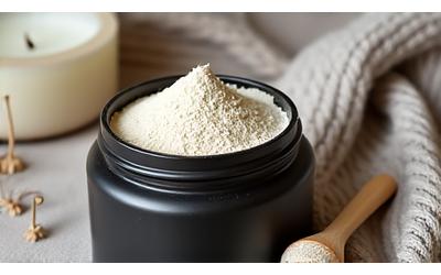 A stylish jar of 'Calm Adaptogen Blend' powder with a scoop, beside a cozy blanket and a book.