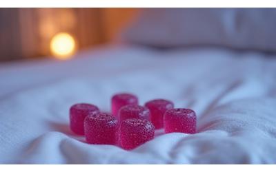 A handful of natural berry-flavored sleep gummies on a pillow, with a dreamcatcher in the background.