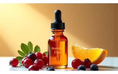 A bottle of 'Immunity Elixir' with a dropper, surrounded by vibrant berries and citrus fruits.