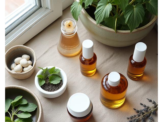 Assortment of high-quality, natural wellness products like tinctures, supplements, and essential oils on a calm, natural background.