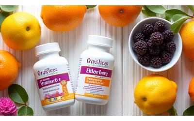 Vitamin C and elderberry supplements with citrus fruits and berries, symbolizing immune health.