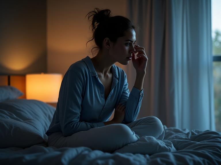 Woman looking tired, holding head, experiencing sleep disruption, showing common age-related sleep challenges