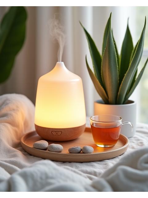 Peaceful bedroom scene with natural plants and soft lighting, symbolizing natural sleep enhancement