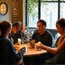 A small group of adults from Pittsburgh enjoying a relaxed, supportive conversation in a local cafe, discussing wellness and mutual support.