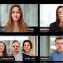 A diverse group of adults participating in a virtual mindfulness workshop, looking engaged and calm on their screens, led by an expert instructor.