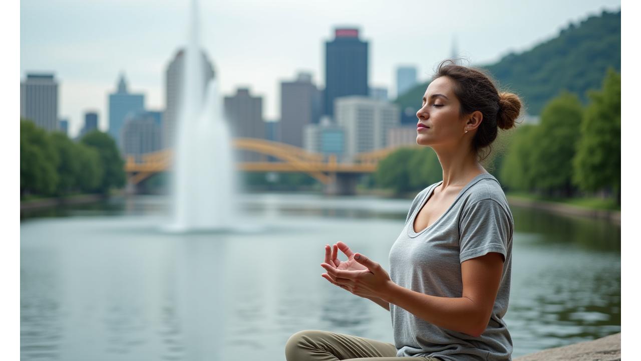 A serene woman meditating by the Point State Park fountain in Pittsburgh, with the city skyline softly blurred in the background, conveying tranquility amidst urban life.