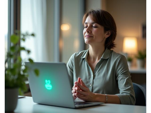 A person practicing a quick mindfulness exercise at their desk, perhaps a breathing technique, with a serene expression. The setting is a modern office, emphasizing integration into daily work life.