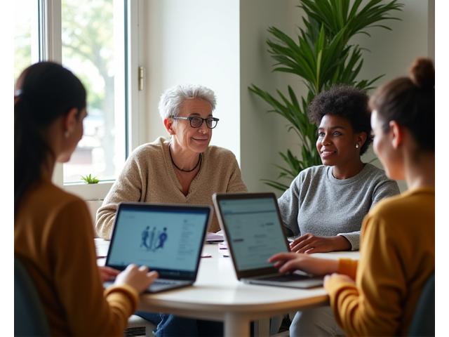 A diverse group of adults engaged in a serene virtual workshop on mental wellness, some taking notes, others listening intently on their laptops or tablets. The scene evokes learning and quiet contemplation.