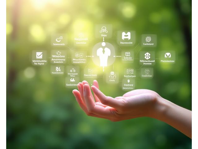 Illustration of a person interacting with a holistic digital wellness platform, showing various features like health data, community forums, and educational content