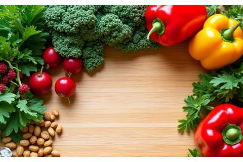 Fresh, vibrant ingredients like colorful vegetables, fruits, and herbs arranged artfully on a wooden board, with a focus on healthy and balanced meal preparation.