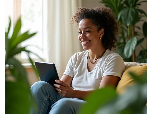 Woman happily participating in a virtual wellness workshop on a tablet, surrounded by natural light from a window with lush plants and a cozy atmosphere.