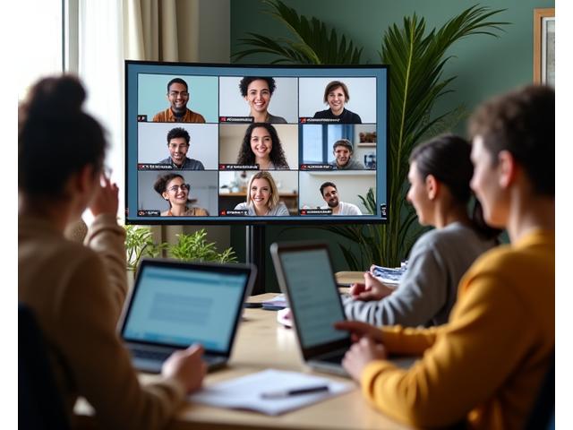 Group of diverse adults engaging in a lively virtual workshop on their screens, with a focused instructor on the main display, depicting real-time interaction and community spirit.