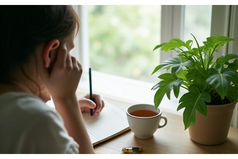 A person journaling or drawing in a peaceful setting, symbolizing introspection and mental clarity amidst green plants.