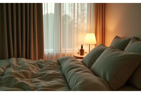 A tranquil bedroom scene at dusk, with soft lighting and cozy bedding, inviting restful sleep.
